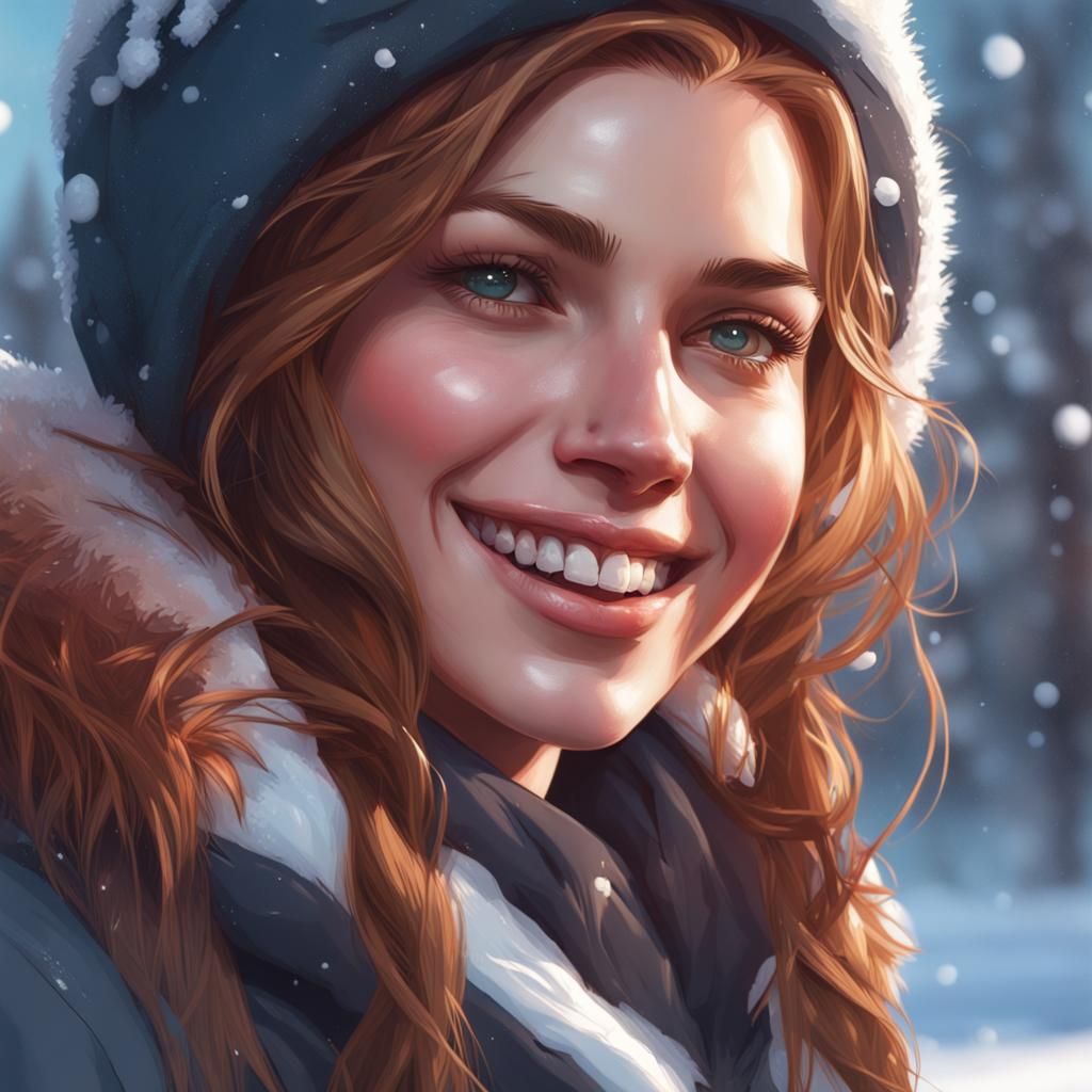 Smiling Girl in Snow: Hyperdetailed Art Portrait