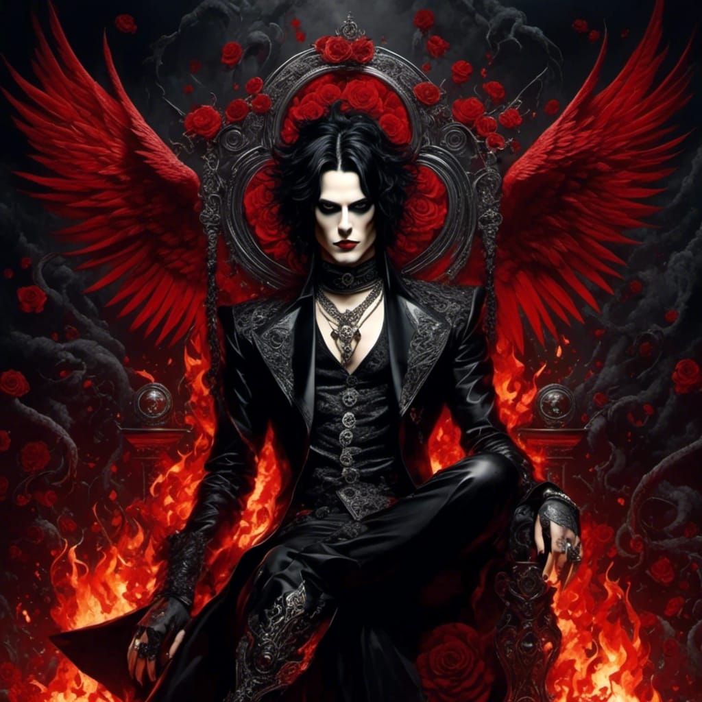 Anime Warlock with Burning Heartagram in Emo Goth Style