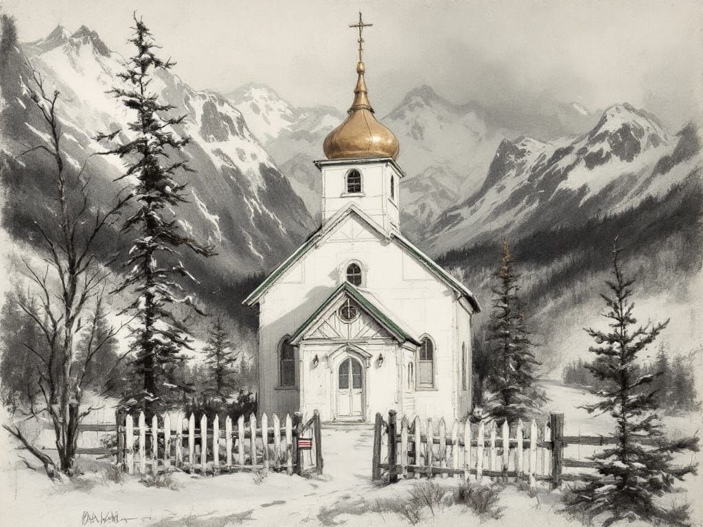 Classical Charcoal Sketch of Russian Orthodox Church in Wint...