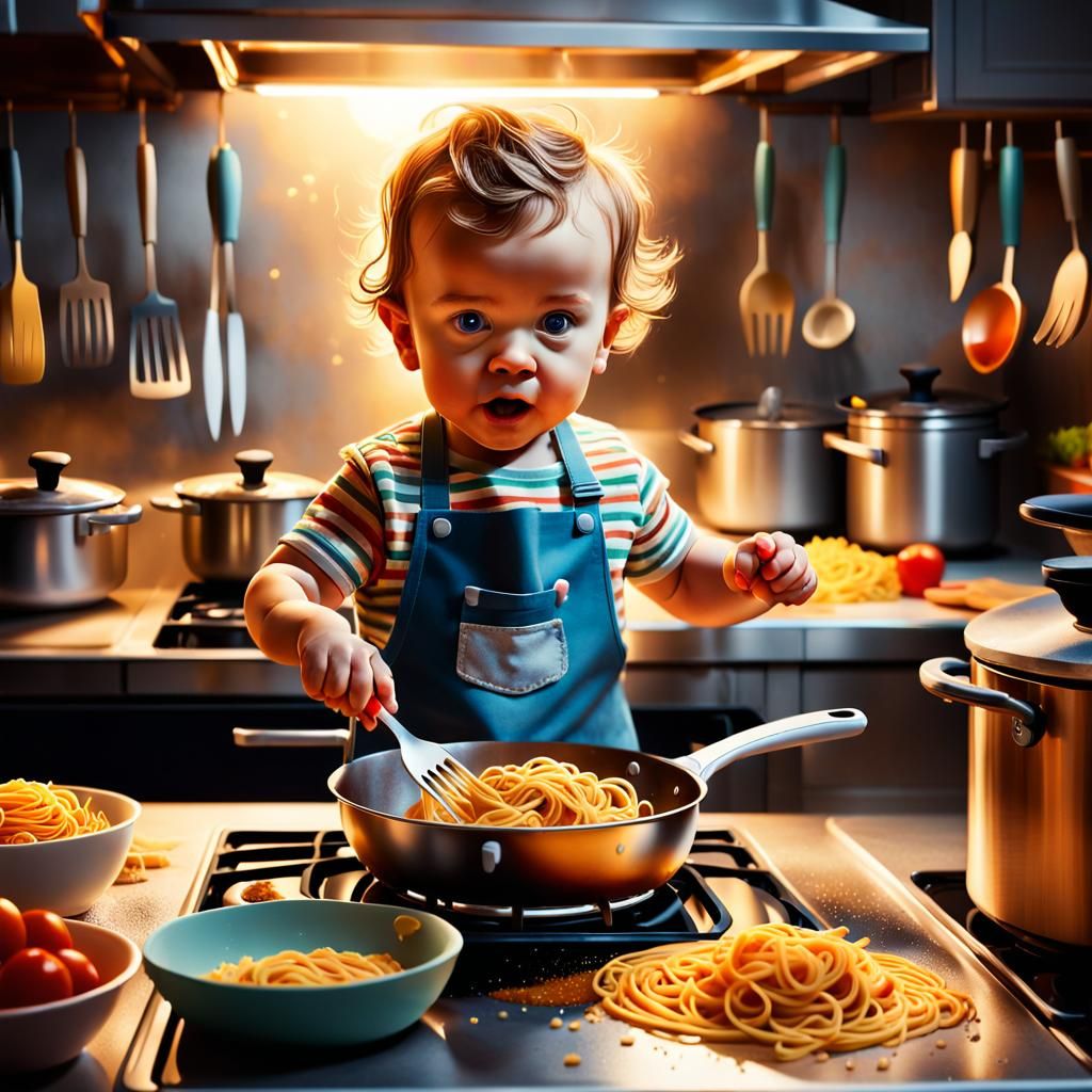 Baby Chef Cooks Pasta: Hyperrealistic Concept Art
