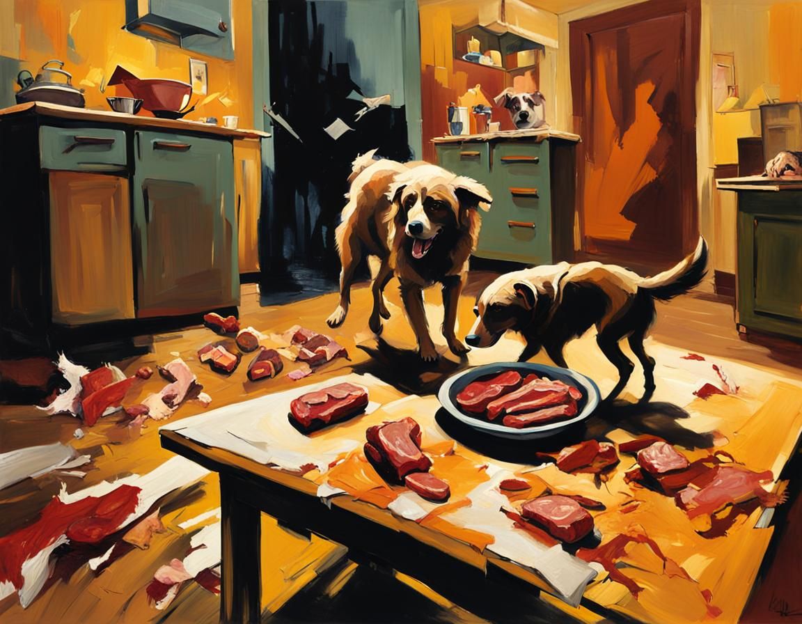 Expressionist Dog Snatching Meat in Chaotic Kitchen