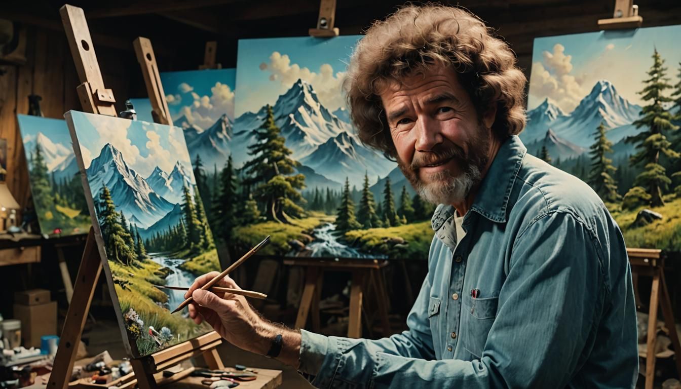 Bob Ross Painting a Masterpiece with Oil Paints
