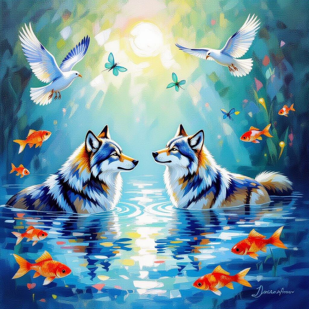 Two Wolves of Love and Joy in Ethereal Waters