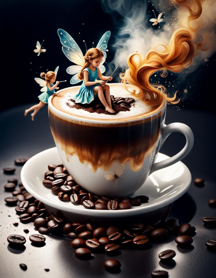 Fairies Sipping Coffee: Washed-Out Watercolor Digital Art