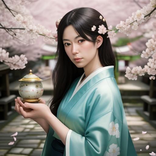 Japanese Shrine Maidens in Tranquil Garden Photography