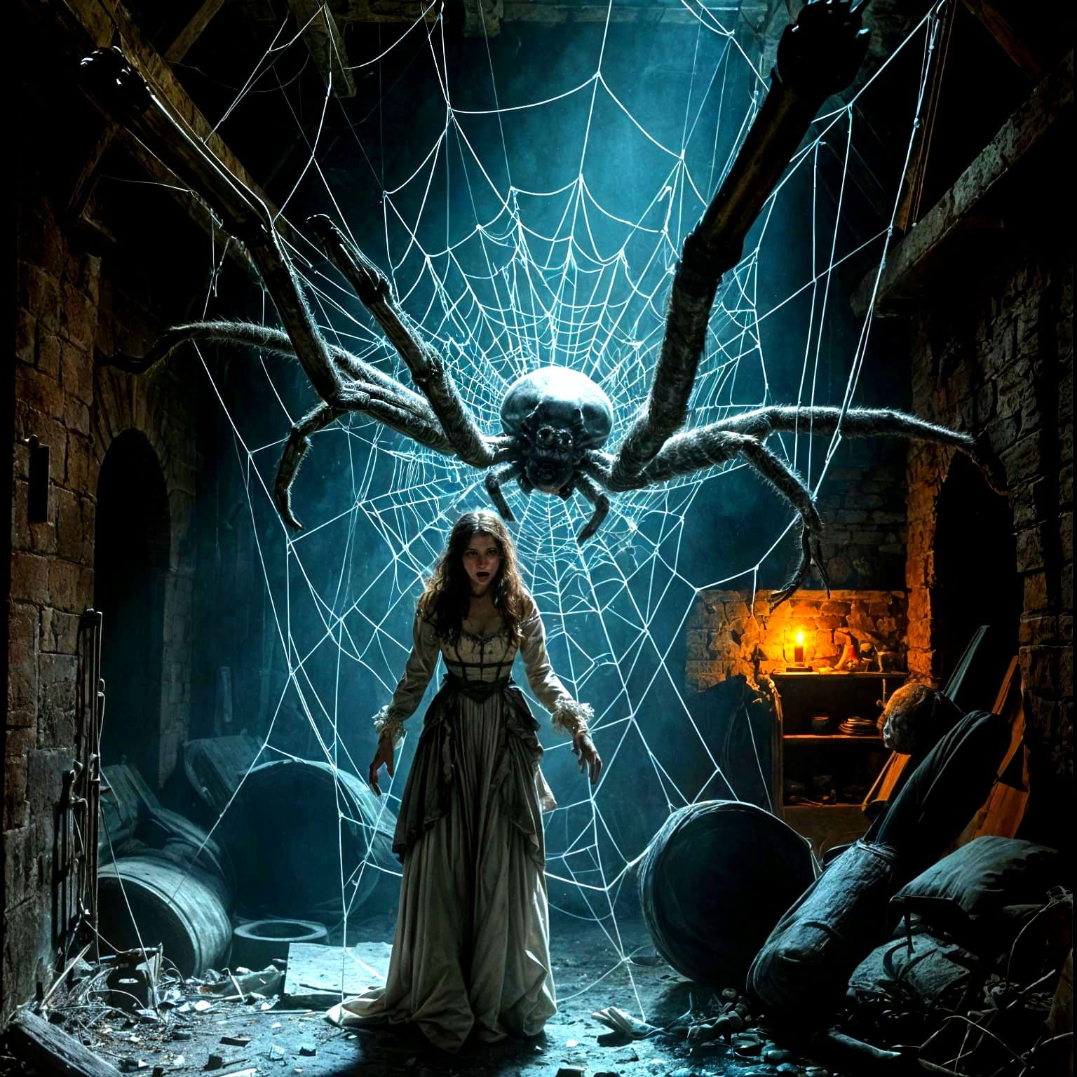 Victorian Maiden Trapped in Giant Spiderweb