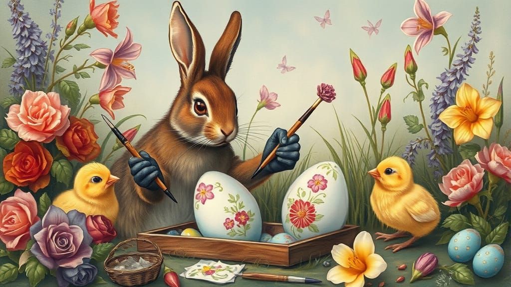 Rabbits and Chicks Painting Easter Eggs