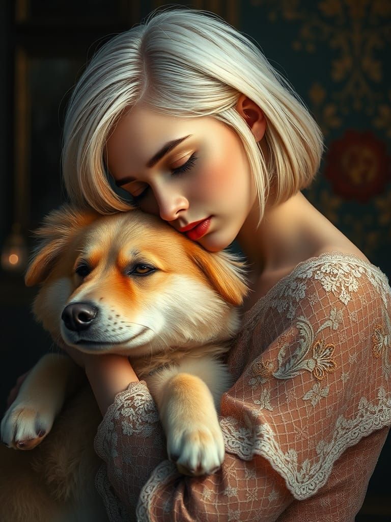 Girl and Dog Portrait in Vibrant Digital Art Style