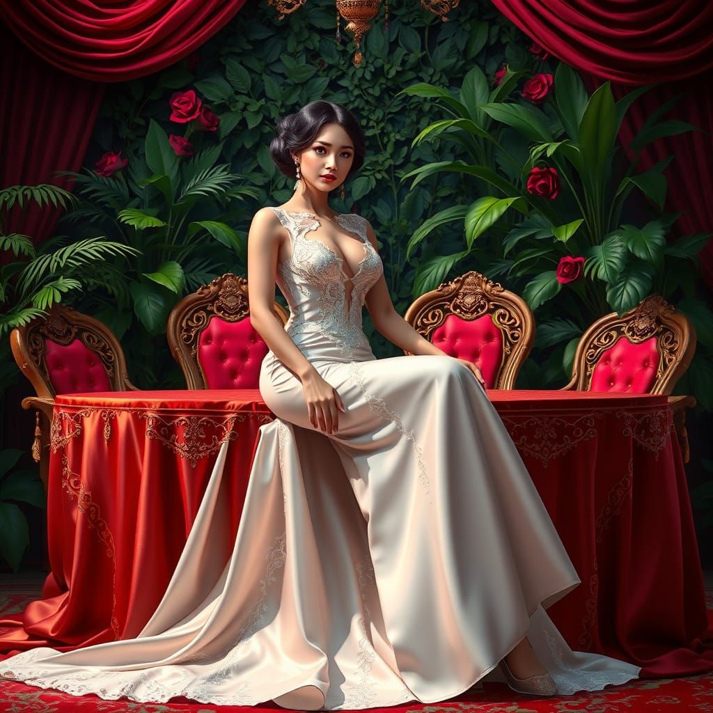 Elegant Woman in White Evening Gown, Digital Painting in Hig...