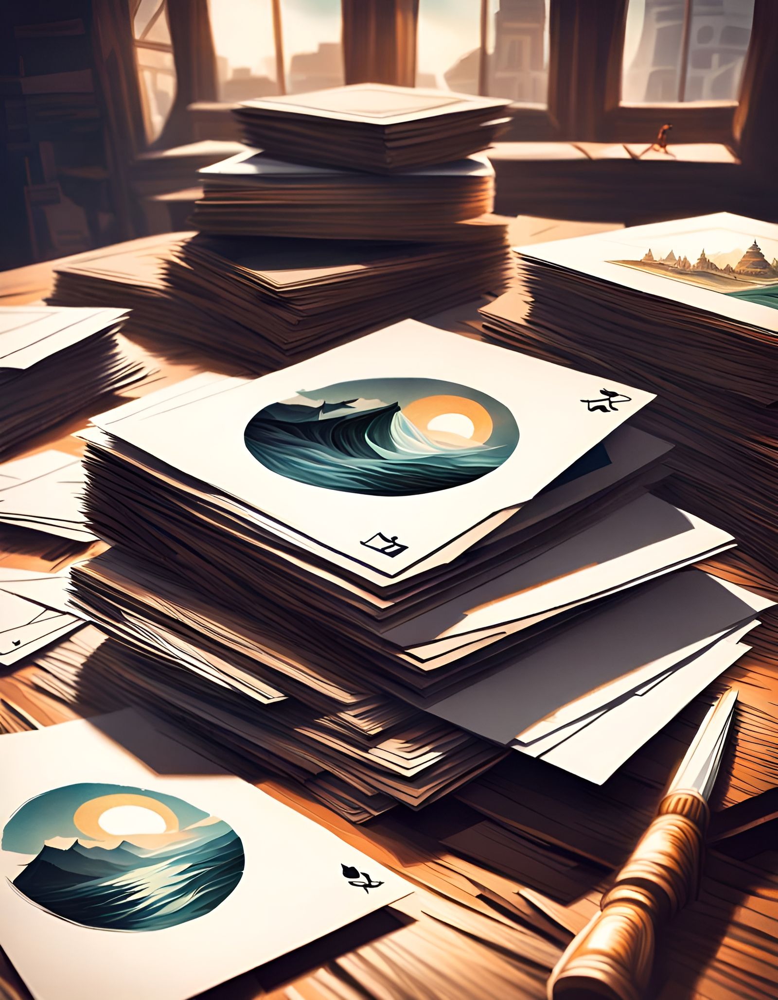 Postcards on Desk in Magical Realism Style