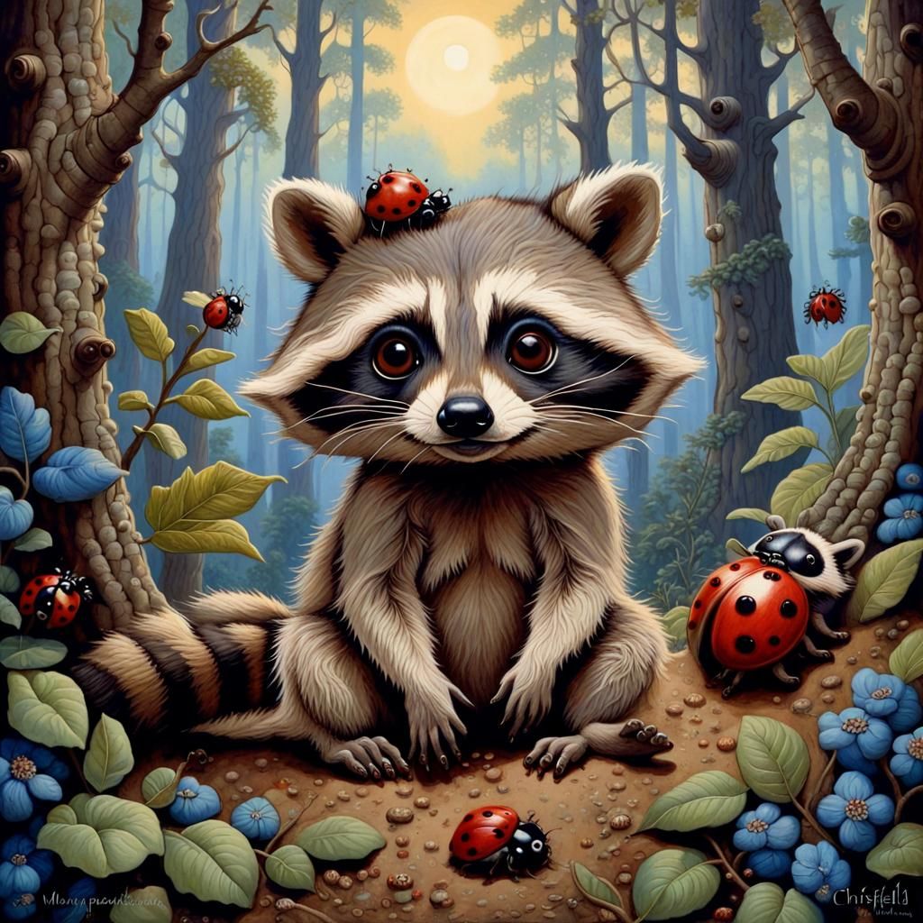 Raccoon in Fairytale Forest: Neoclassical Oil Painting