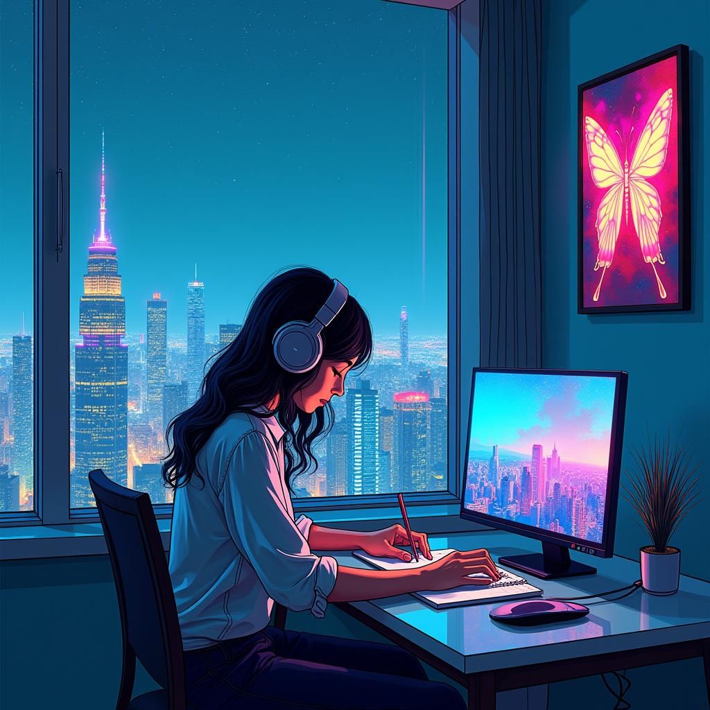Girl Studying in Luxurious Cyberpunk Apartment