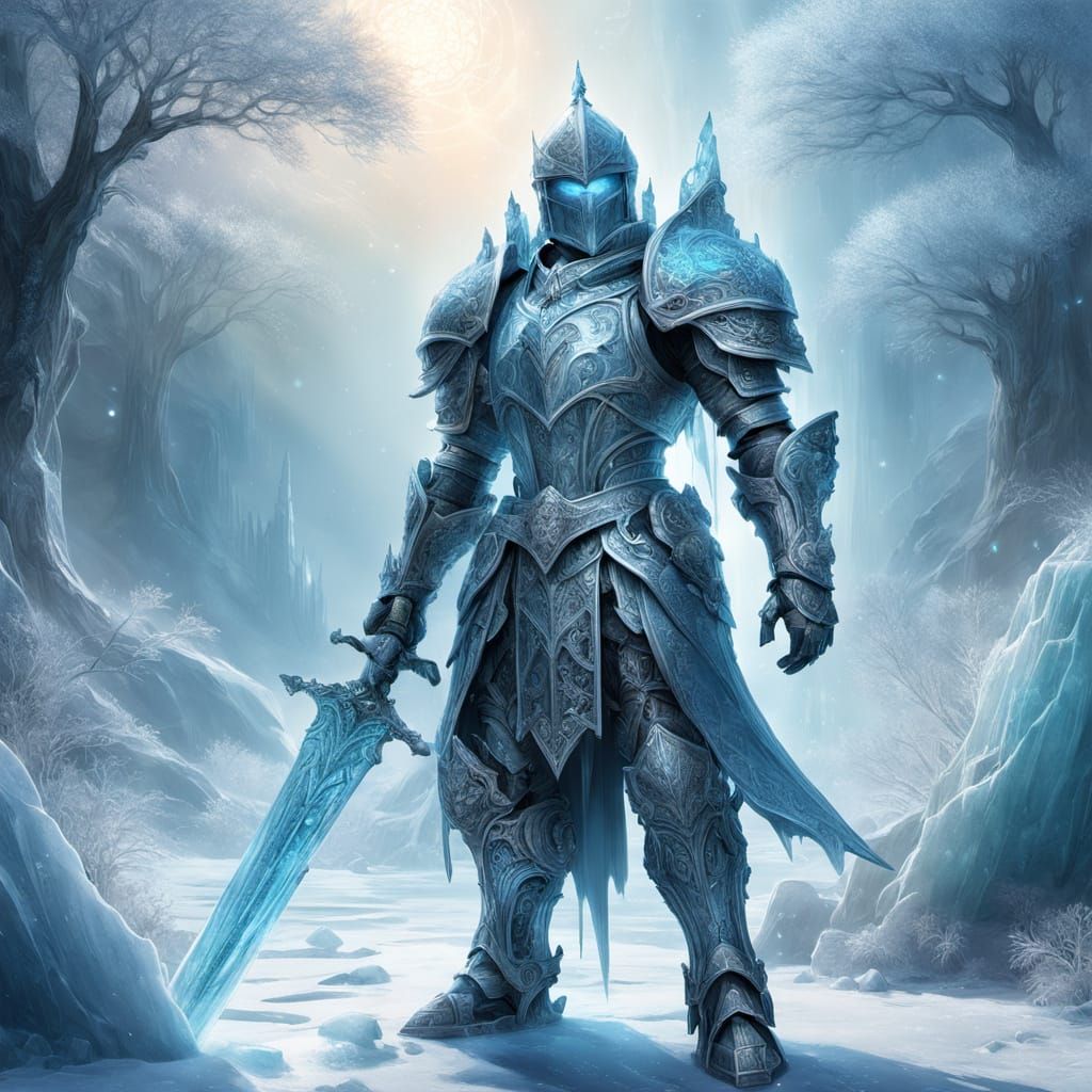 Ethereal Knight of Winter in Shimmering Ice Armor