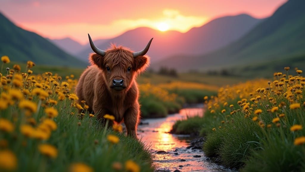 Idyllic Highland Cow in Sunset Landscape