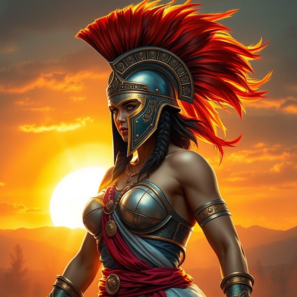 Greek Goddess of Fire Embracing Sunset in Vibrant Digital Ar...