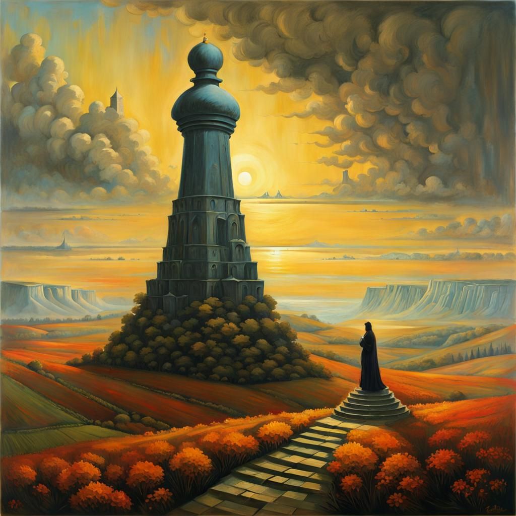 Giant Chess Knight in Beksiński-Inspired Landscape