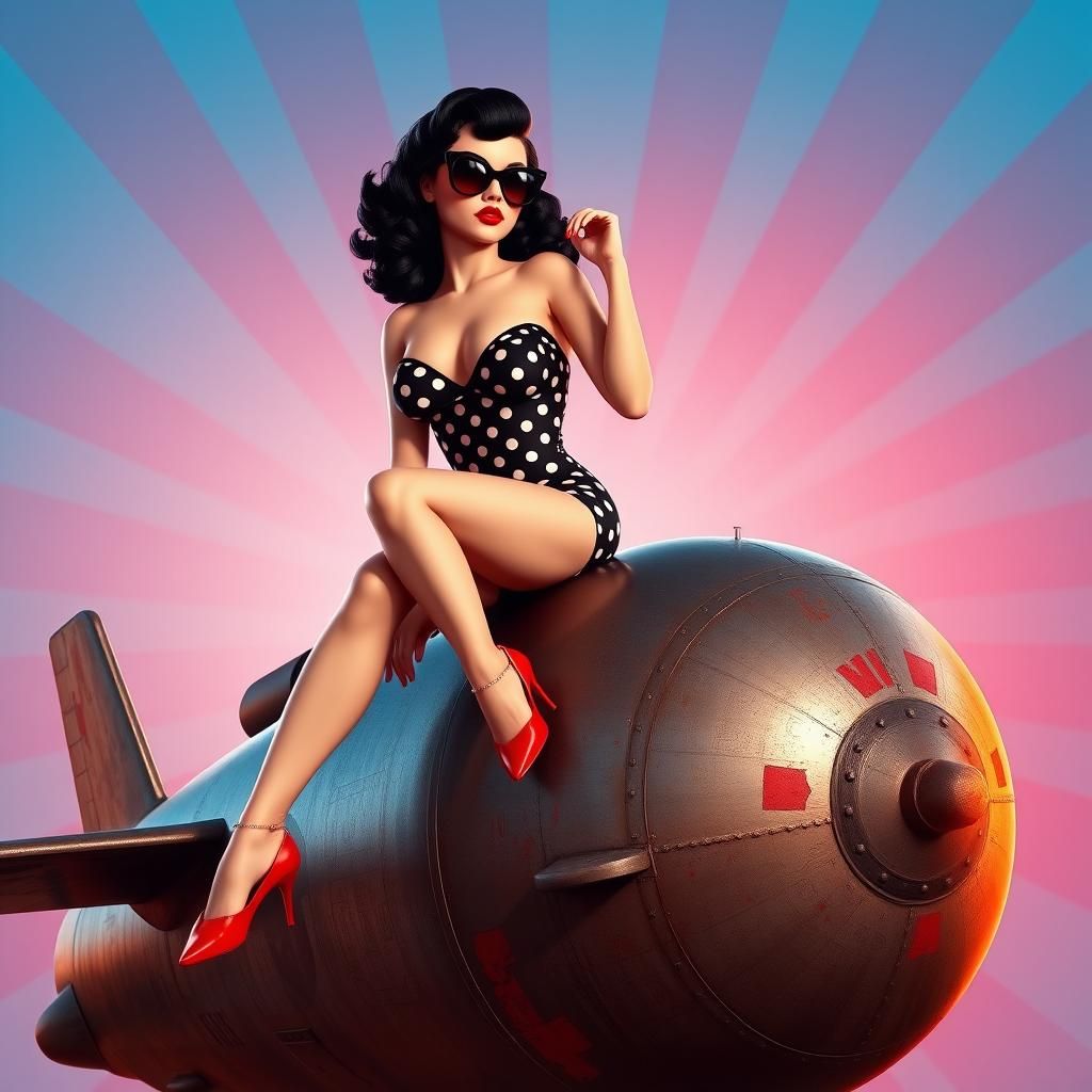 Vintage Pinup Sits on Metallic Bomb, in 3D Style