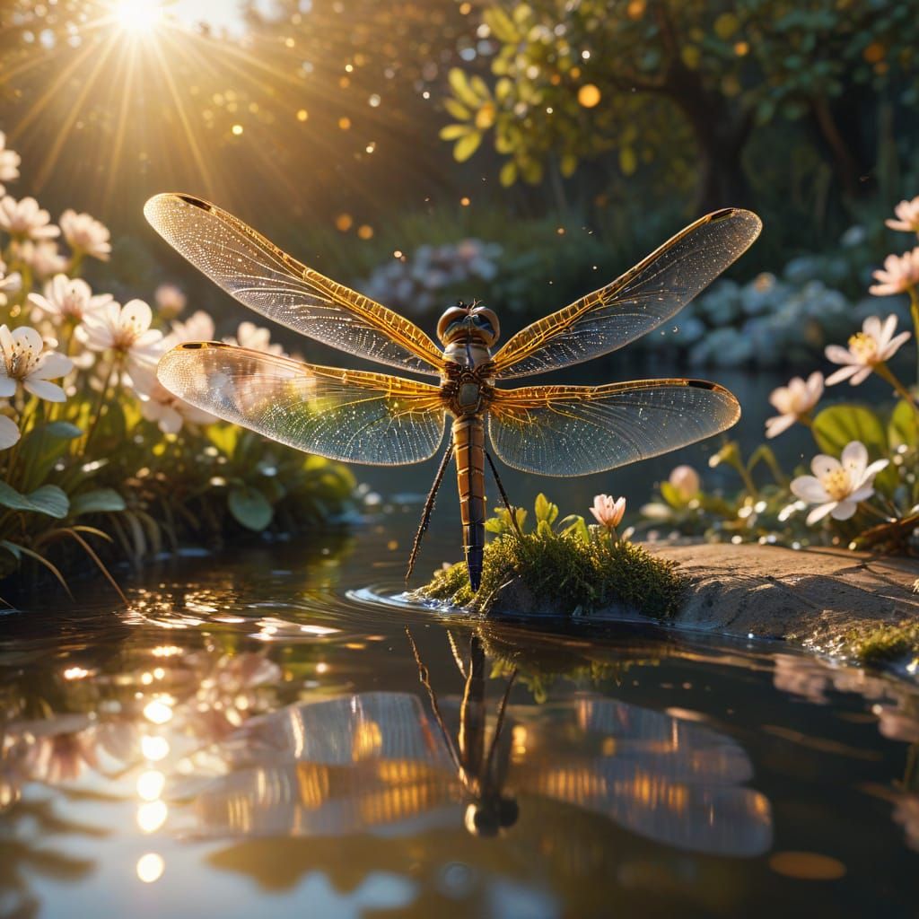 Dragonfly over Pond in Magical Realism Style