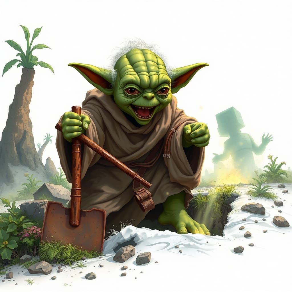 Yoda Digging Foxhole in Dreamlike Landscape