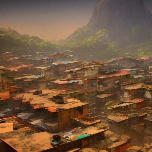 Favela Scene with Kites in Detailed Matte Painting