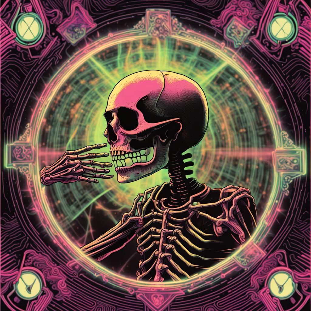 Psychedelic Skeleton Tarot Card in Neon Synthwave Style