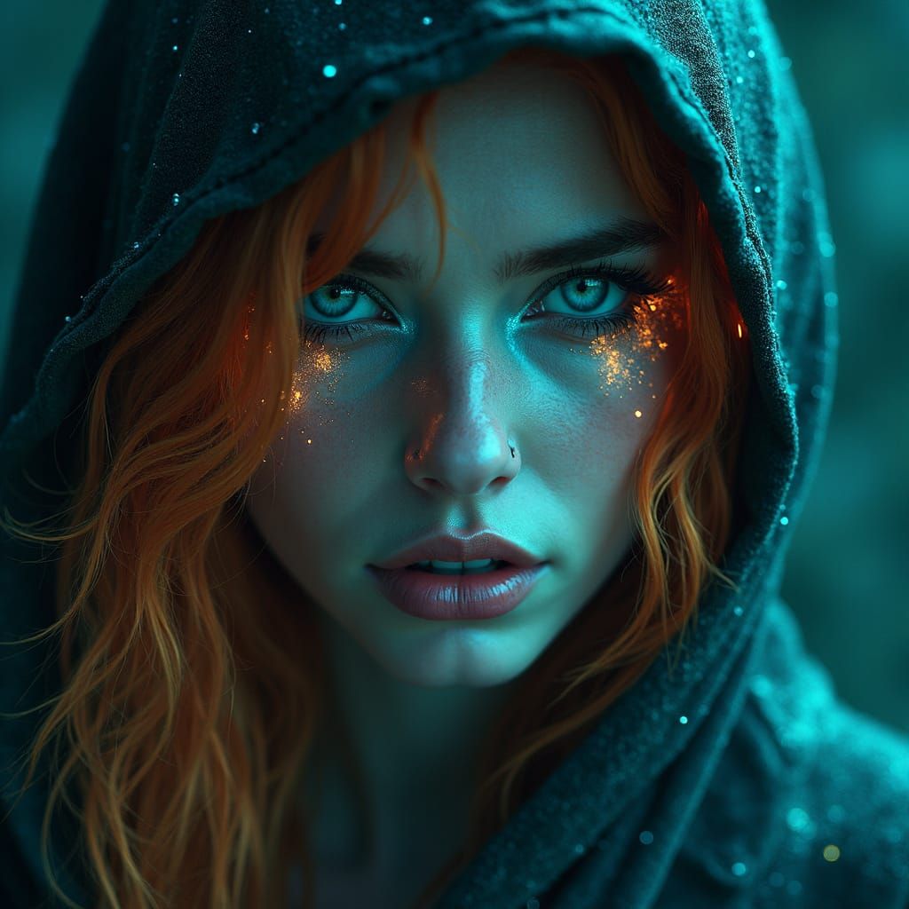 Sorceress in Turquoise Light with Digital Sparks