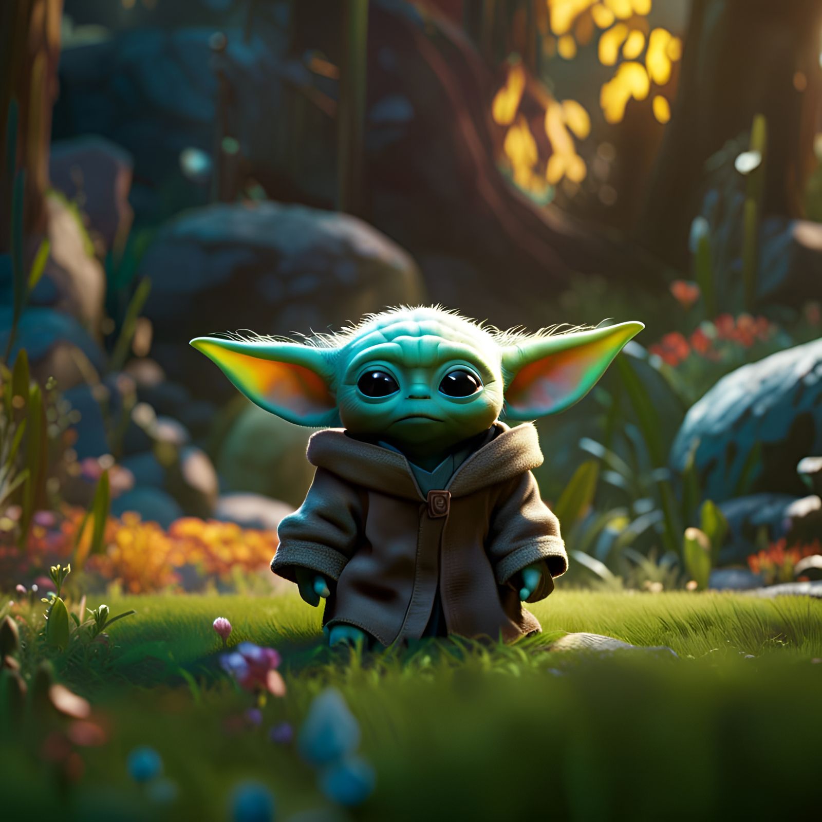 Baby Yoda at the Park in Detailed Matte Painting