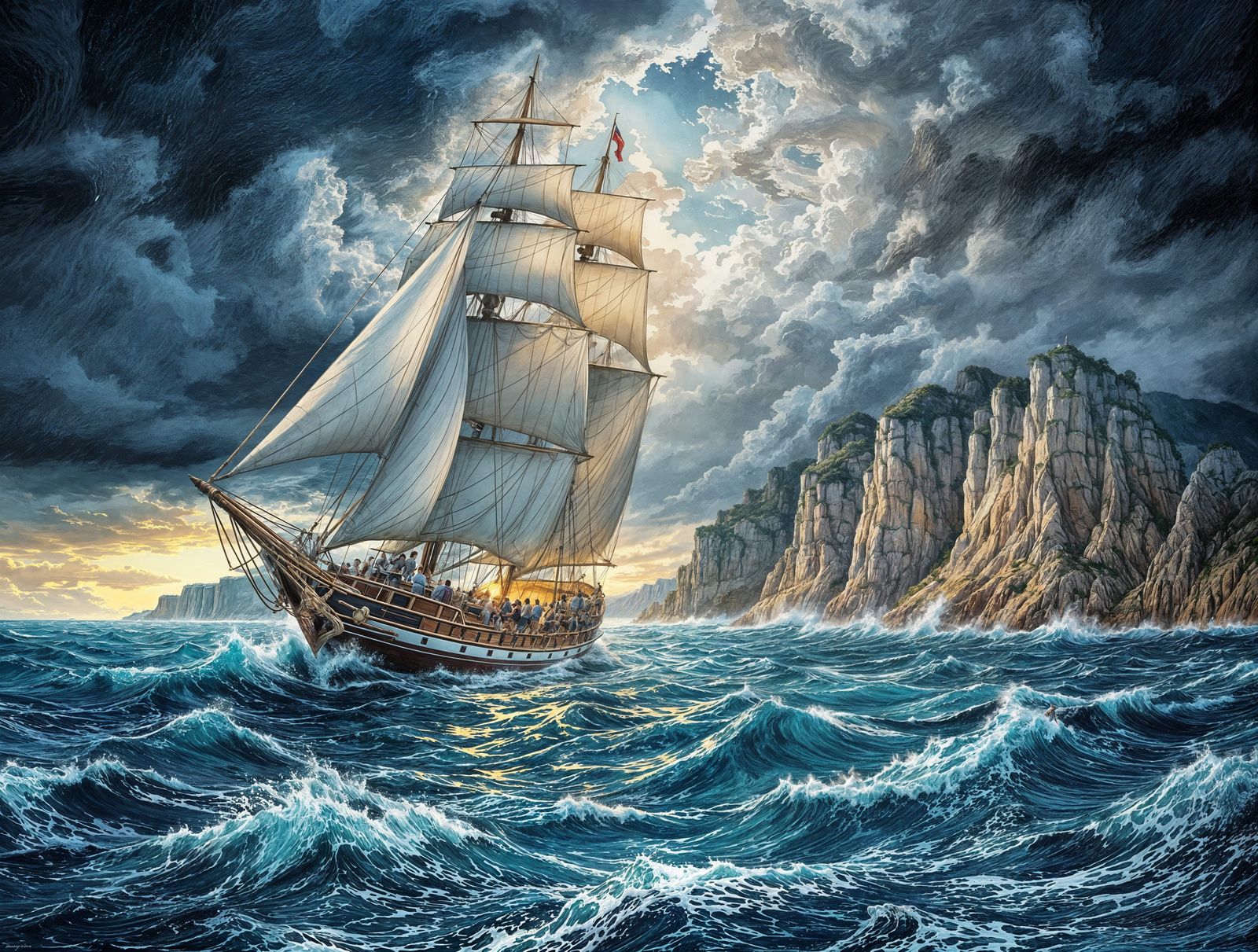 Sailboat Majestically Anchored on Stormy Cliffs