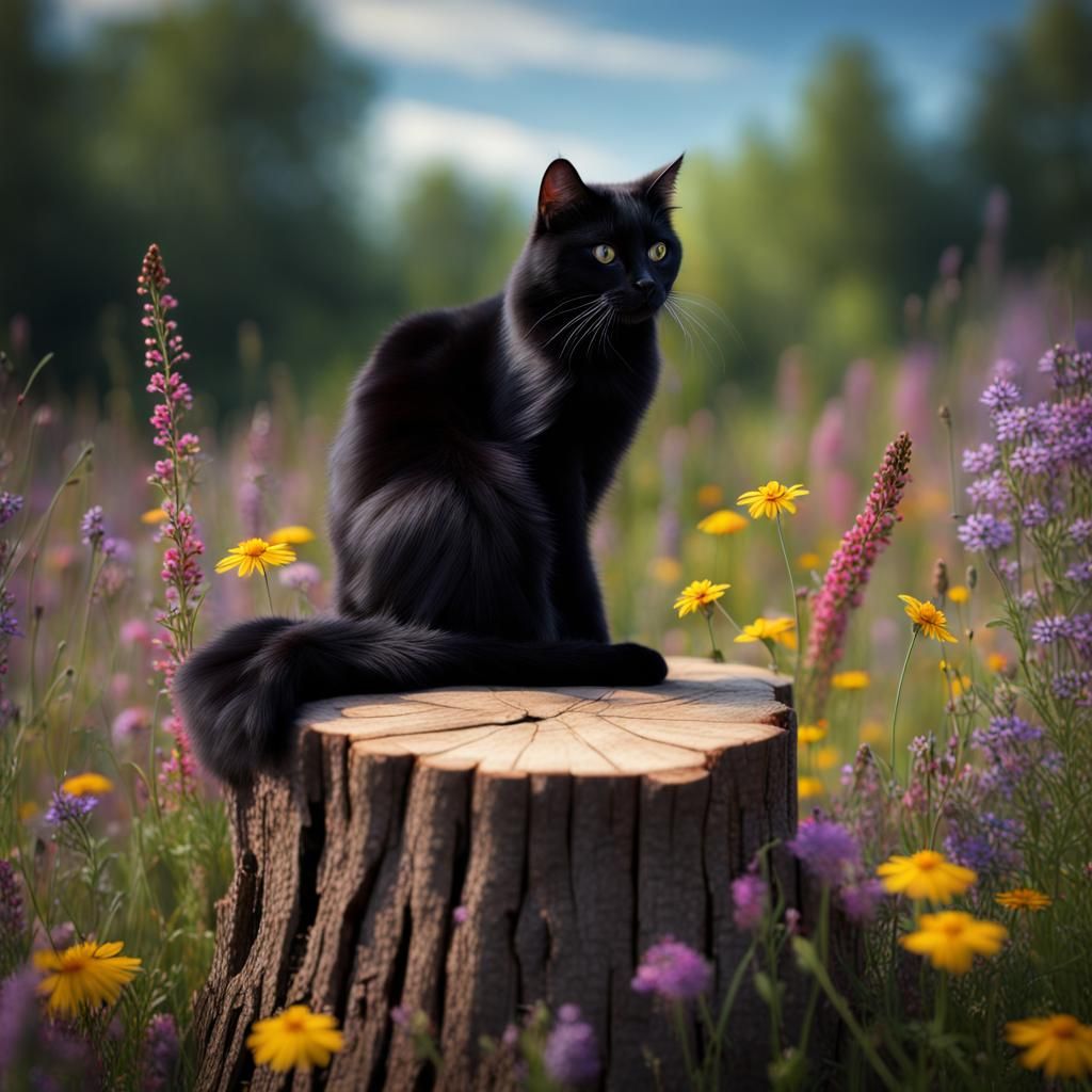 Hyperrealistic Black Cat with Wildflowers