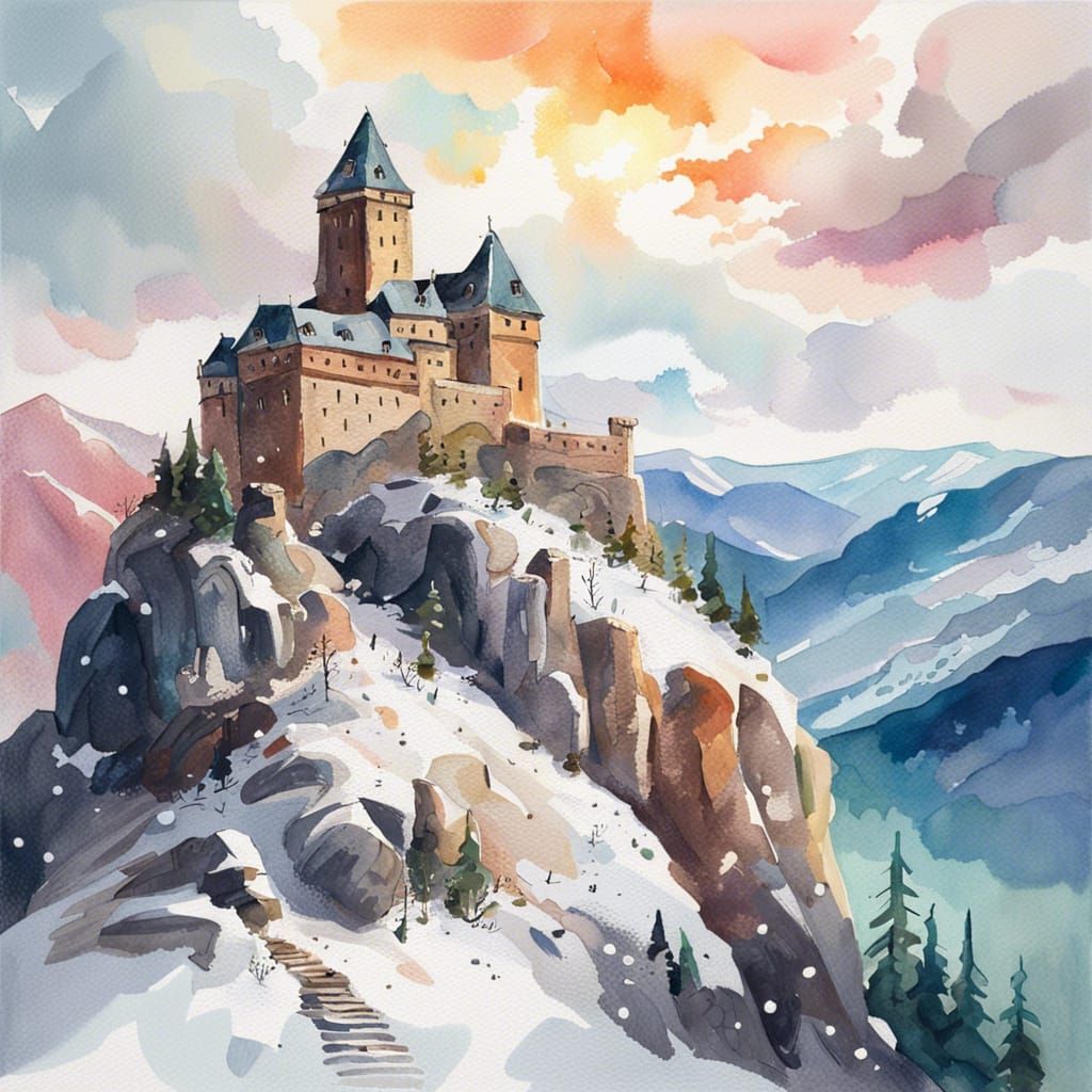Snowy Mountain Castle in Gouache Impressionist Style