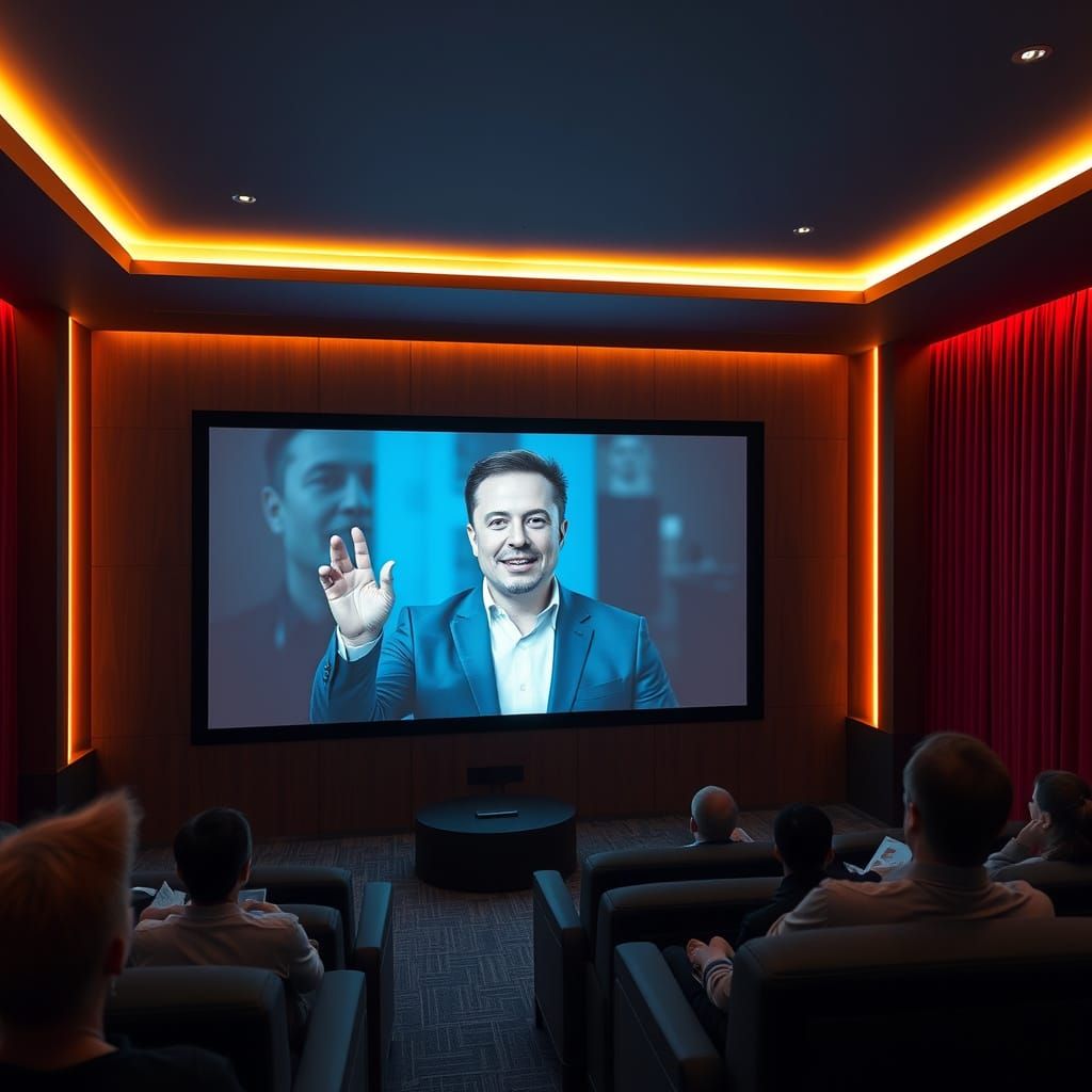 Elon Musk on Cinema Screen in Neon Lit Indoor Theater