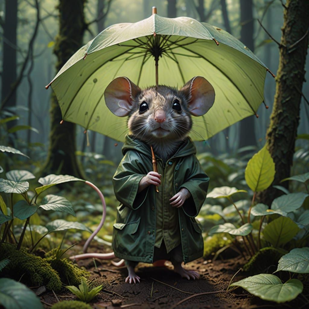 A Whimsical Forest Mouse Adorns a Leaf Umbrella
