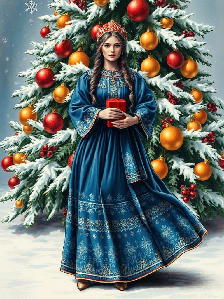 Festive Slavic Snow Maiden Charcoal Drawing