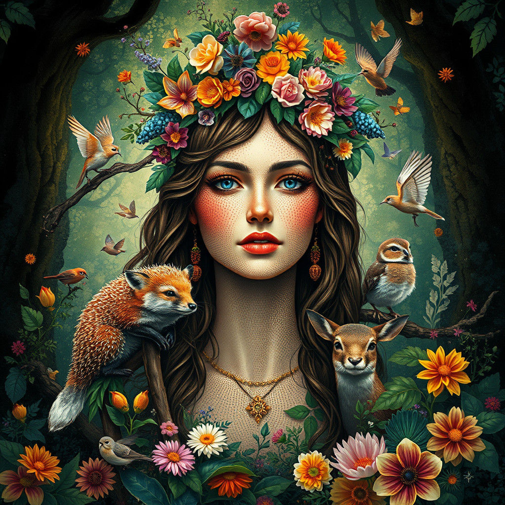 Mother Nature in Impressionist Forest with Animals