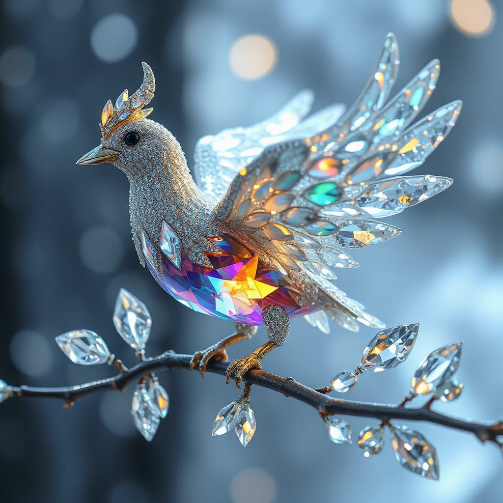 Majestic Crystal Bird on Branch, Ethereal Fantasy Art
