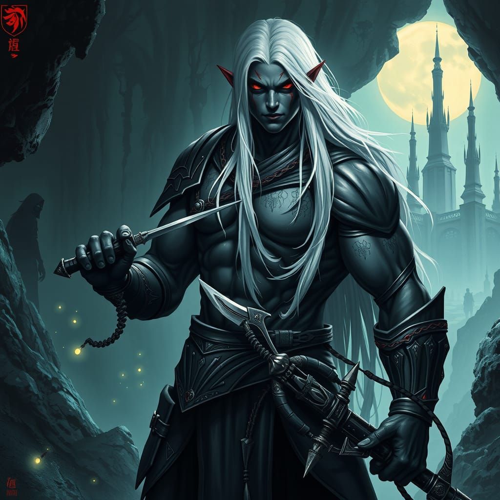 Menacing Drow Warrior in Eerie Cavern