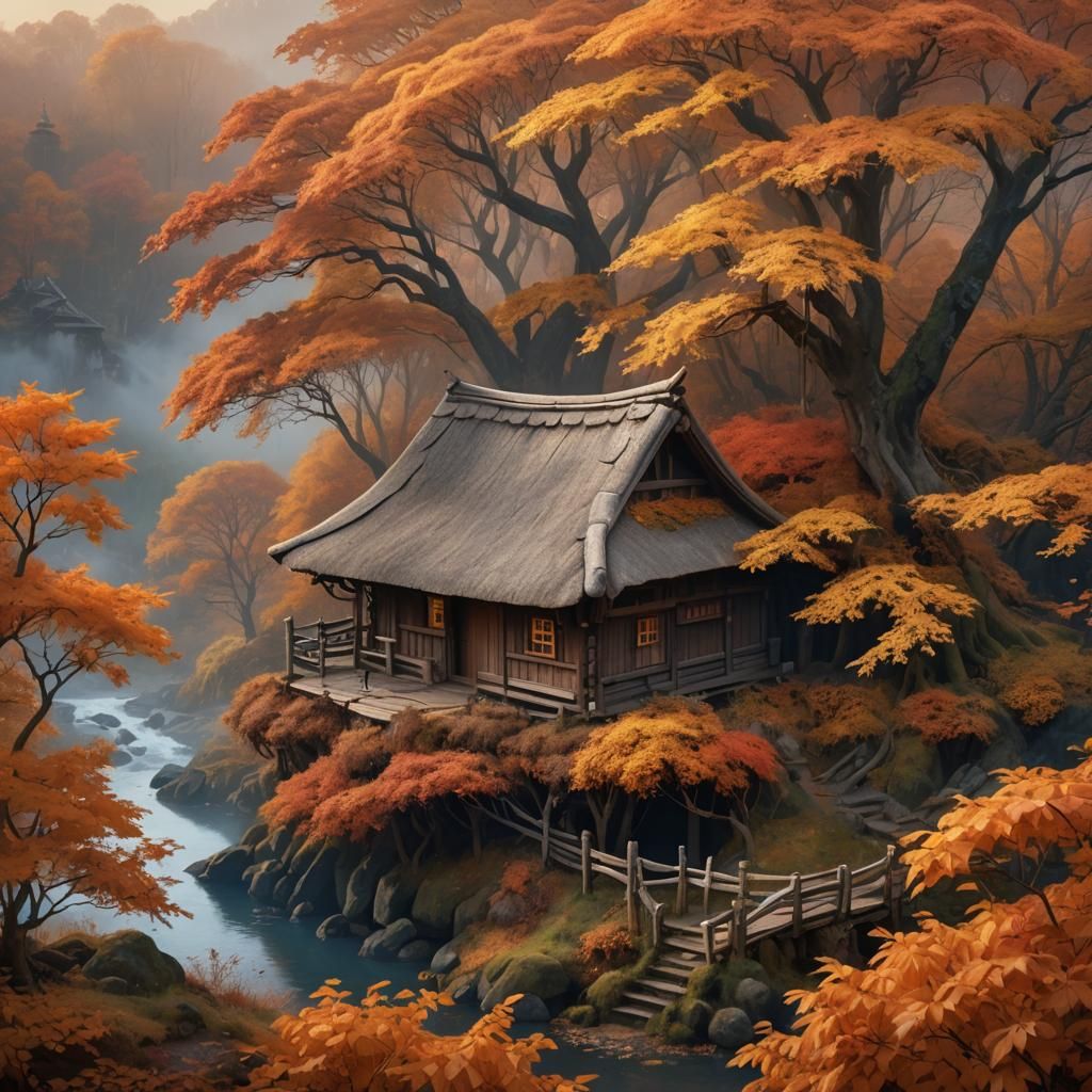 Wooden Hut in Autumn Foliage, Fantasy Concept Art