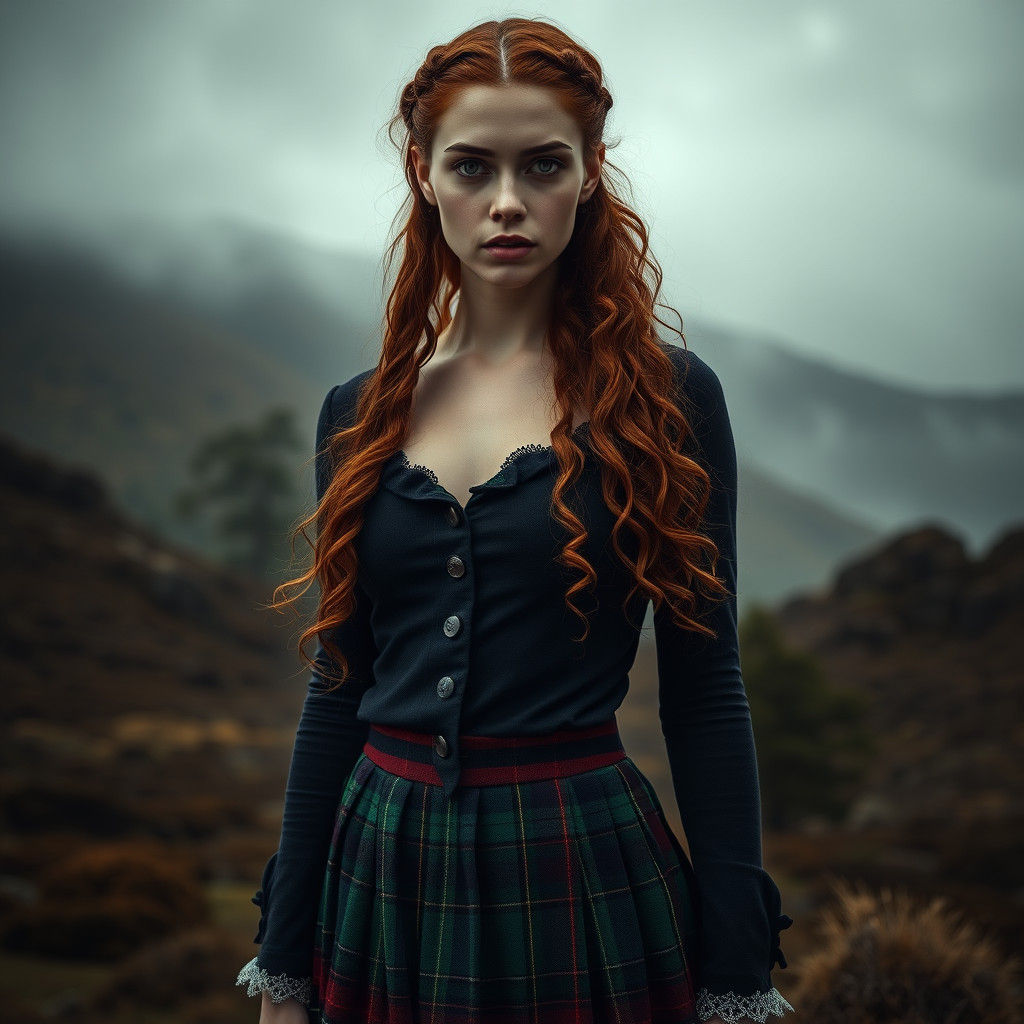 Highland Woman in Tartan Skirt, Hyperrealistic HDR