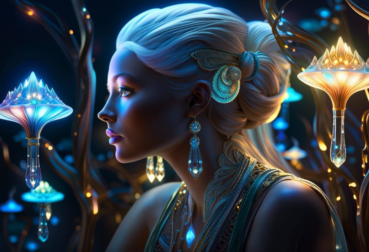 Glass Fairy Goddess in Fractal Mushroom World