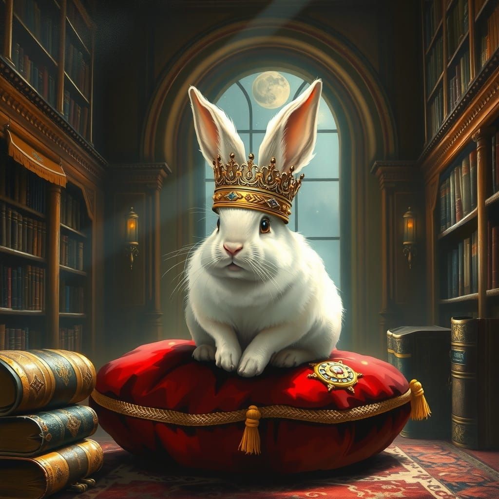 Regal Rabbit in Moonlit Library Oil Painting