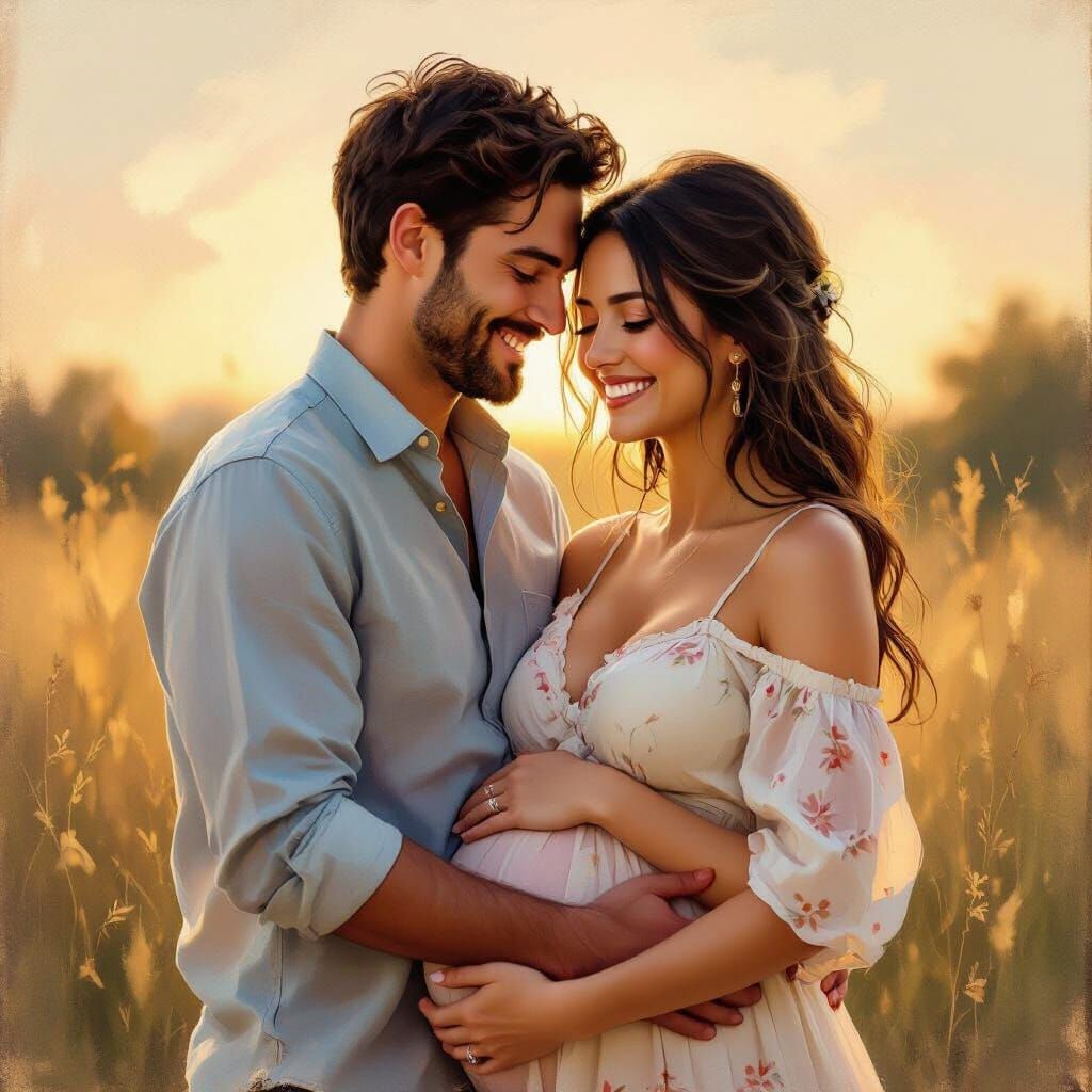 Joyful Pregnant Couple Embracing in Golden Hour