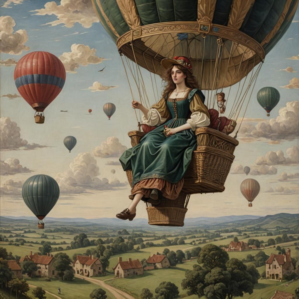 Lady in Air Balloon, Pre-Raphaelite Countryside