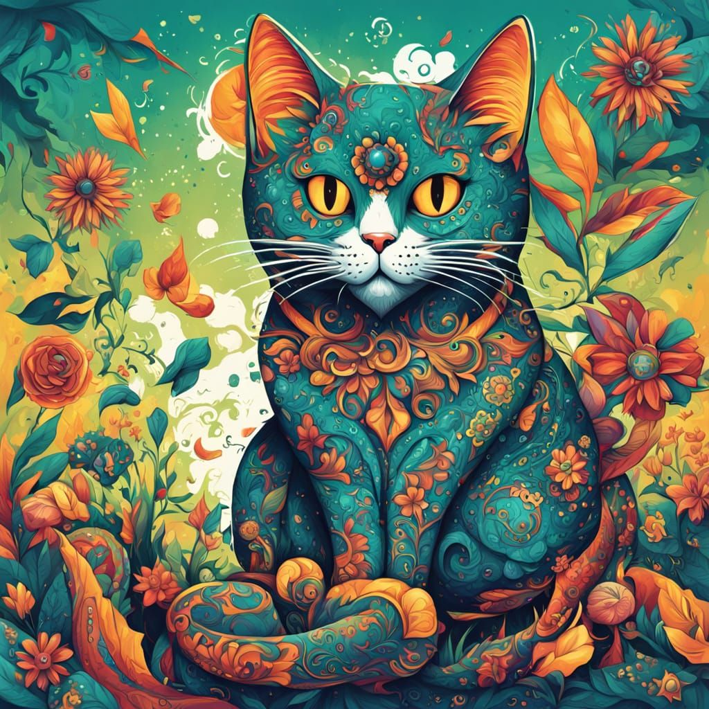 Psychedelic Graffiti Cat in Vibrant Garden