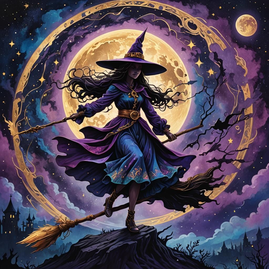 Cosmic Witch on Broom in Astral Colors