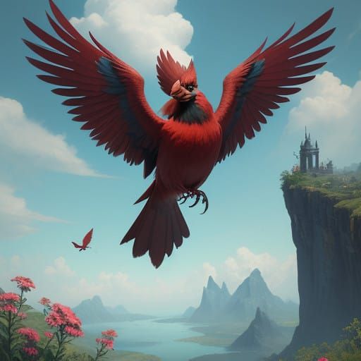 Vibrant Cardinals in Mid-Flight, Fantastical Landscape