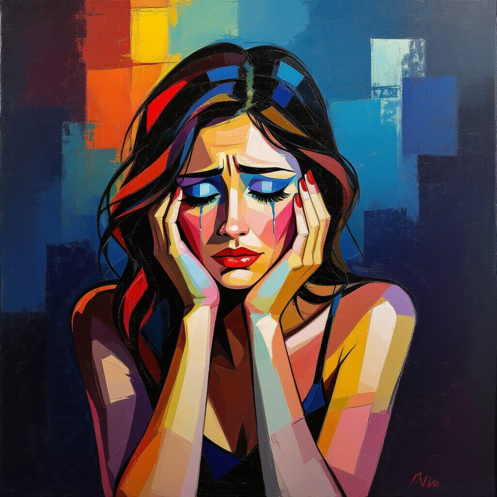 Sad Woman Crying in Shadows, Expressive Oil Painting