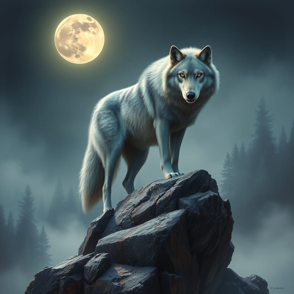 Wolf Under Moonlight in Surrealist Style