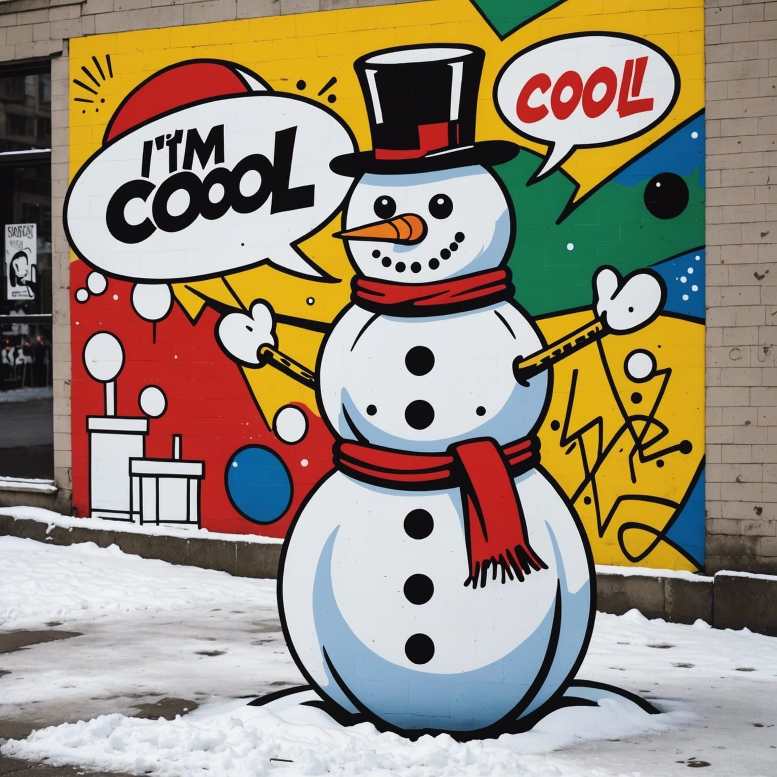 Snowman in Snow with Lichtenstein Graffiti