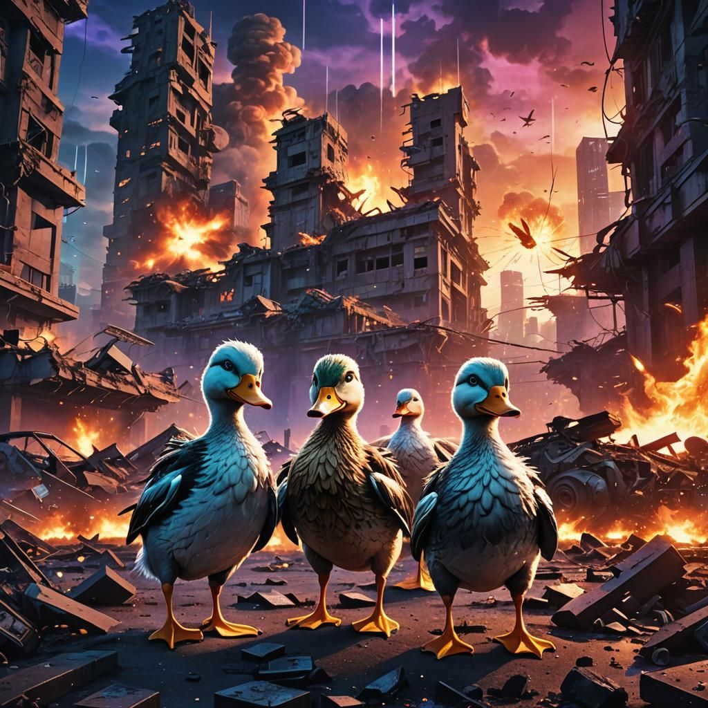 Futuristic Ducks in Destroyed Cityscape: Anime Poster