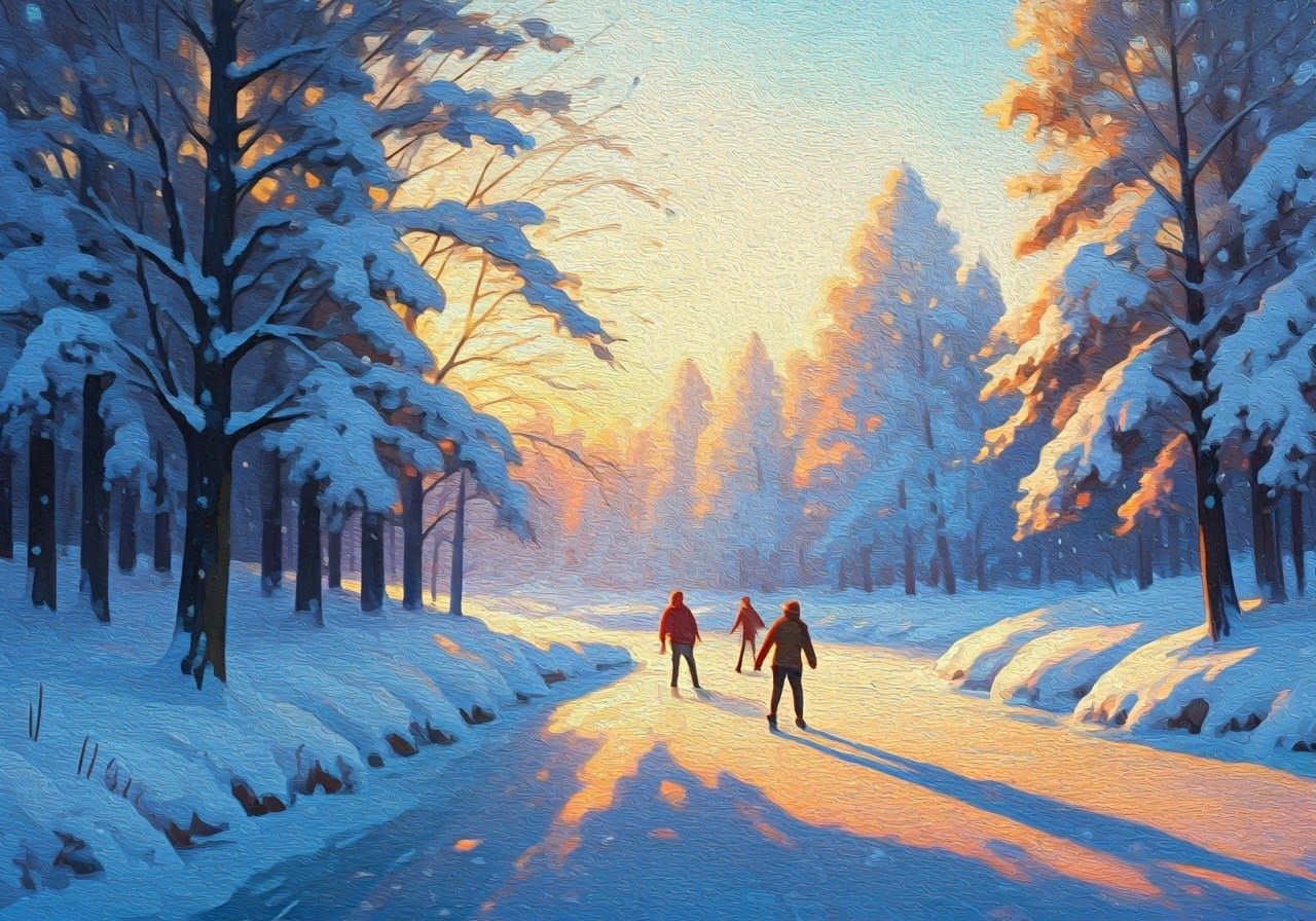 Impressionist style winter landscape with figures